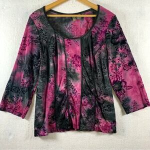 Women Dark Floral Velvet Burnout Top Sz L Black Fuscia‎ Whimsigoth Fairy Grunge